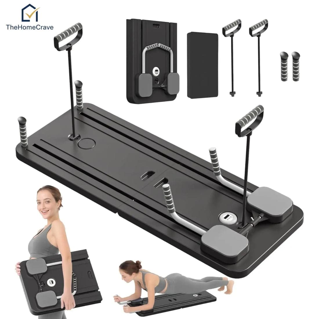 Black portable Pilates reformer board and matching attachments