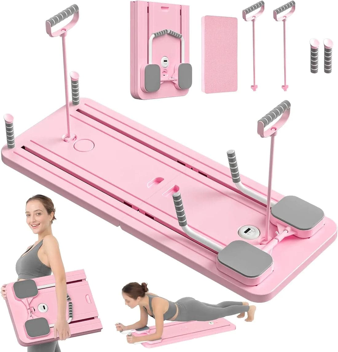 Pink portable Pilates reformer board and matching attachments