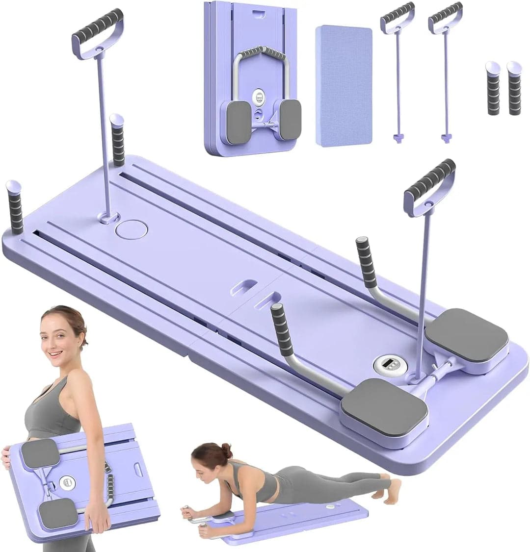 Purple portable Pilates reformer board and matching attachments