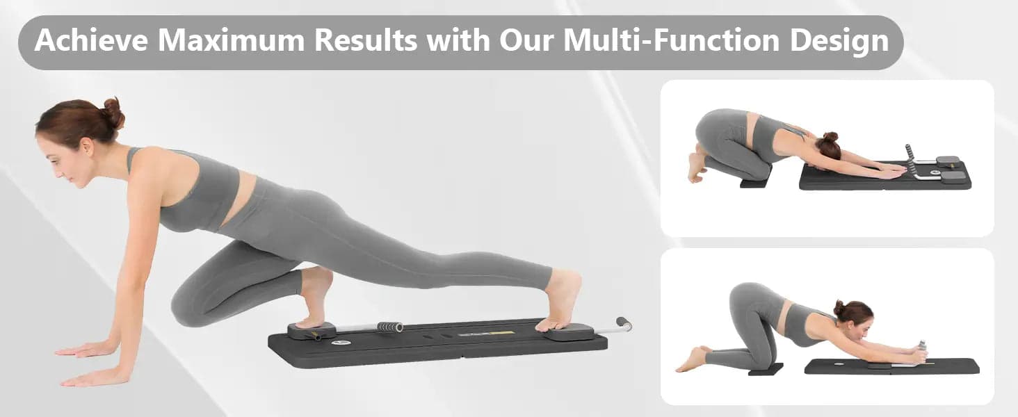 Illustration of exercise positions on a black demonstration variant of the Pilates board