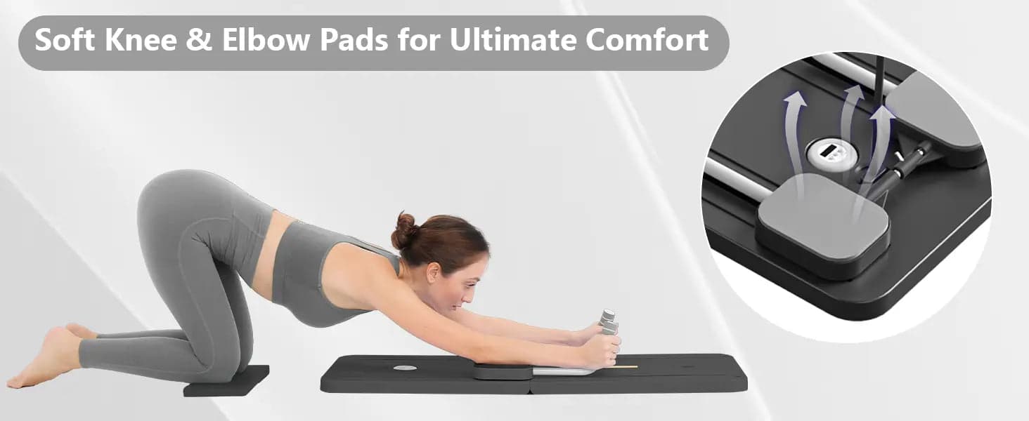 Illustration of padded elbow support on a black demonstration variant of the Pilates board